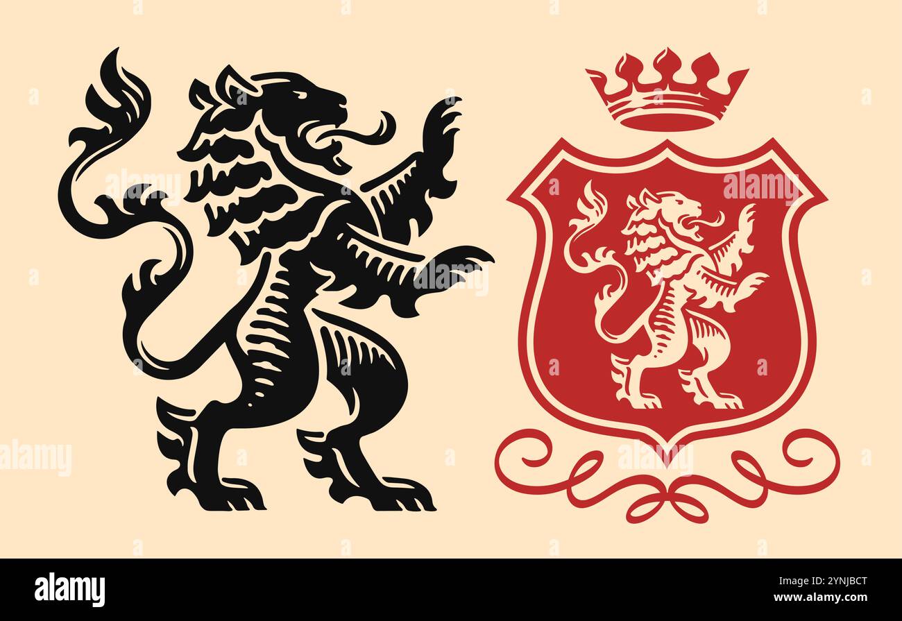 Heraldic lion standing on its hind legs with open mouth, emblem. Royal coat of arms, banner flag with crown Stock Vector