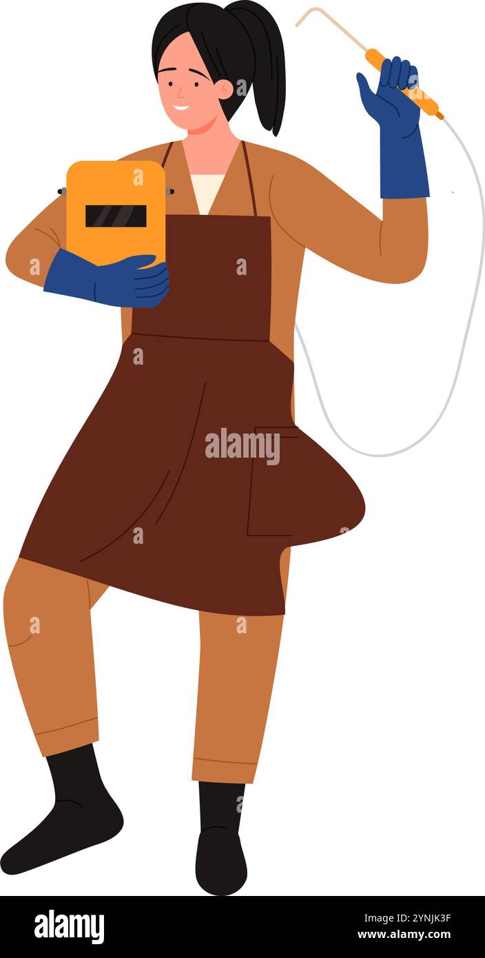 Woman in welders uniform holding welding machine and safety helmet ...