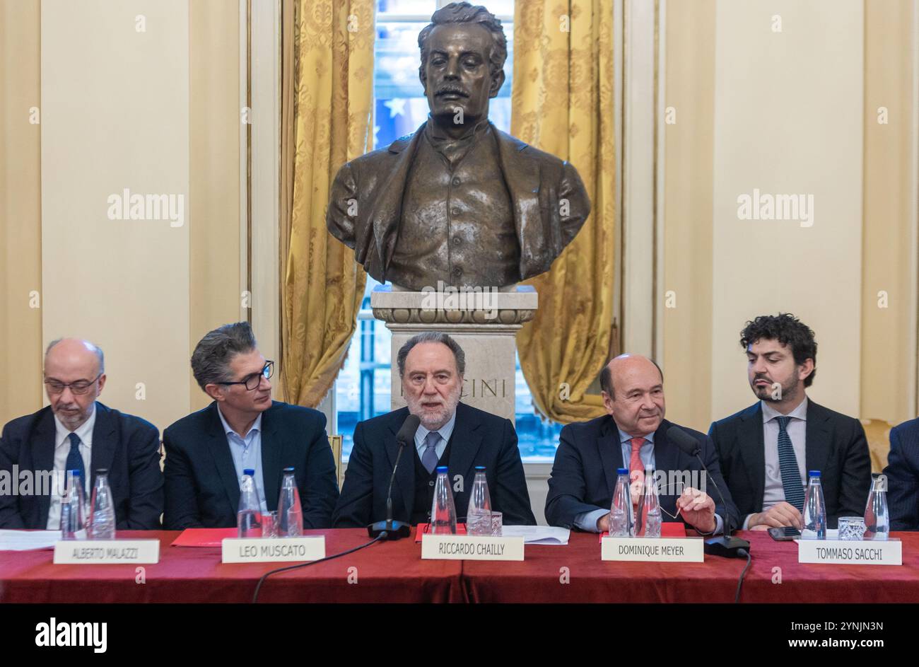 Milano, Italia. 26th Nov, 2024. Leo Muscato Ricardo Chailly Dominique Meyer e Tommaso Sacchi alla Conferenza stampa per presentare &quot;La forza del destino&quot; l'Opera inaugurale della Stagione 2024/2025 del Teatro alla Scala - Milano, Italia - Marted&#xec;, 26 Novembre 2024 (foto Stefano Porta/LaPresse) Press conference to present &quot;La forza del Destino&quot;, the inaugural opera of the 2024/2025 season of the Teatro alla Scala - Milan, Italy - Tuesday, 26 November 2024 (photo Stefano Porta/LaPresse) Credit: LaPresse/Alamy Live News Stock Photo