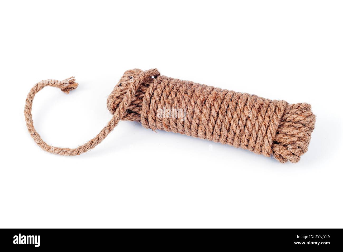 a coil of rope with a loose end on a white background Stock Photo - Alamy