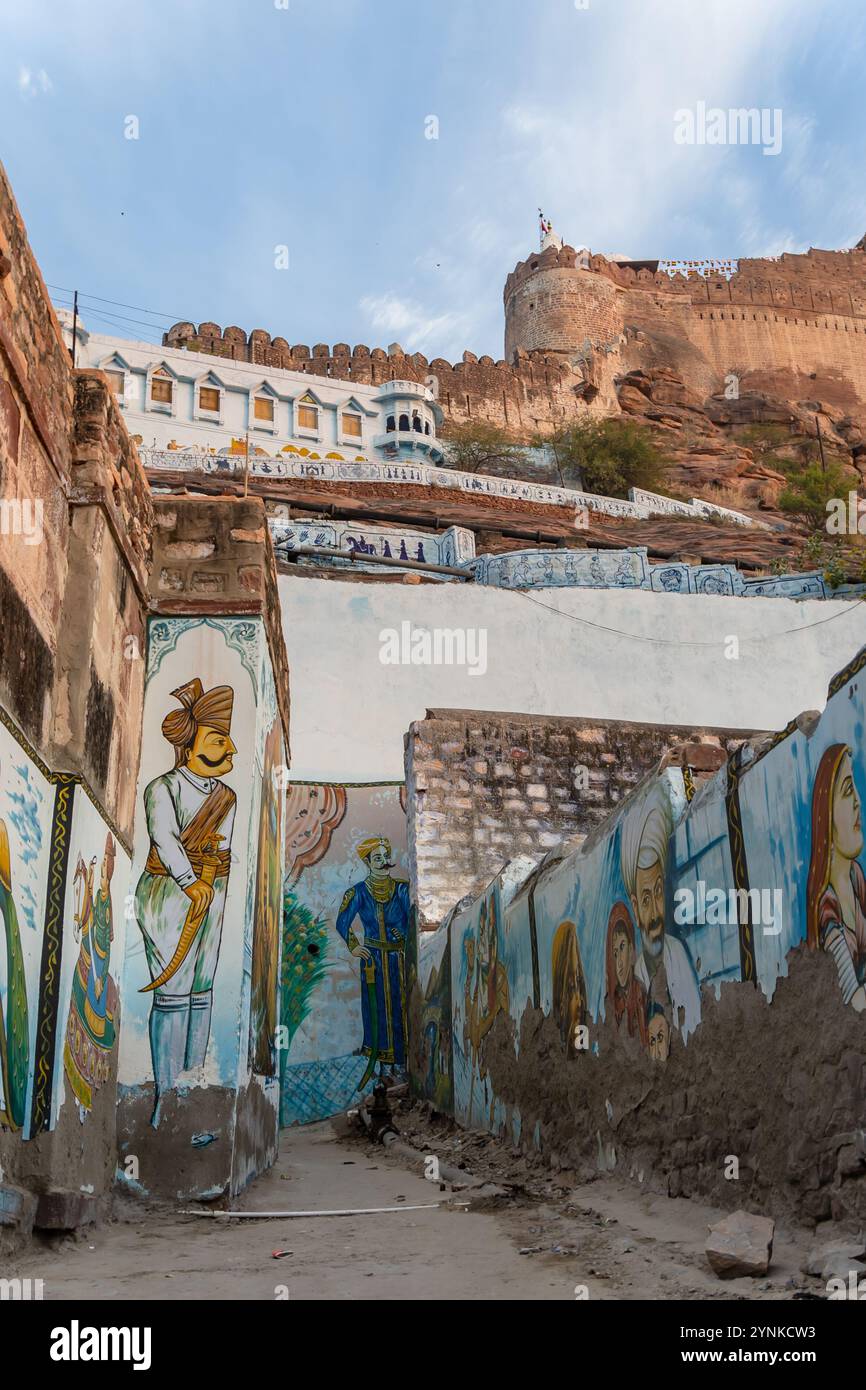 artistic wall painting at city street at morning from unique angle image is taken jodhpur rajasthan india. Stock Photo