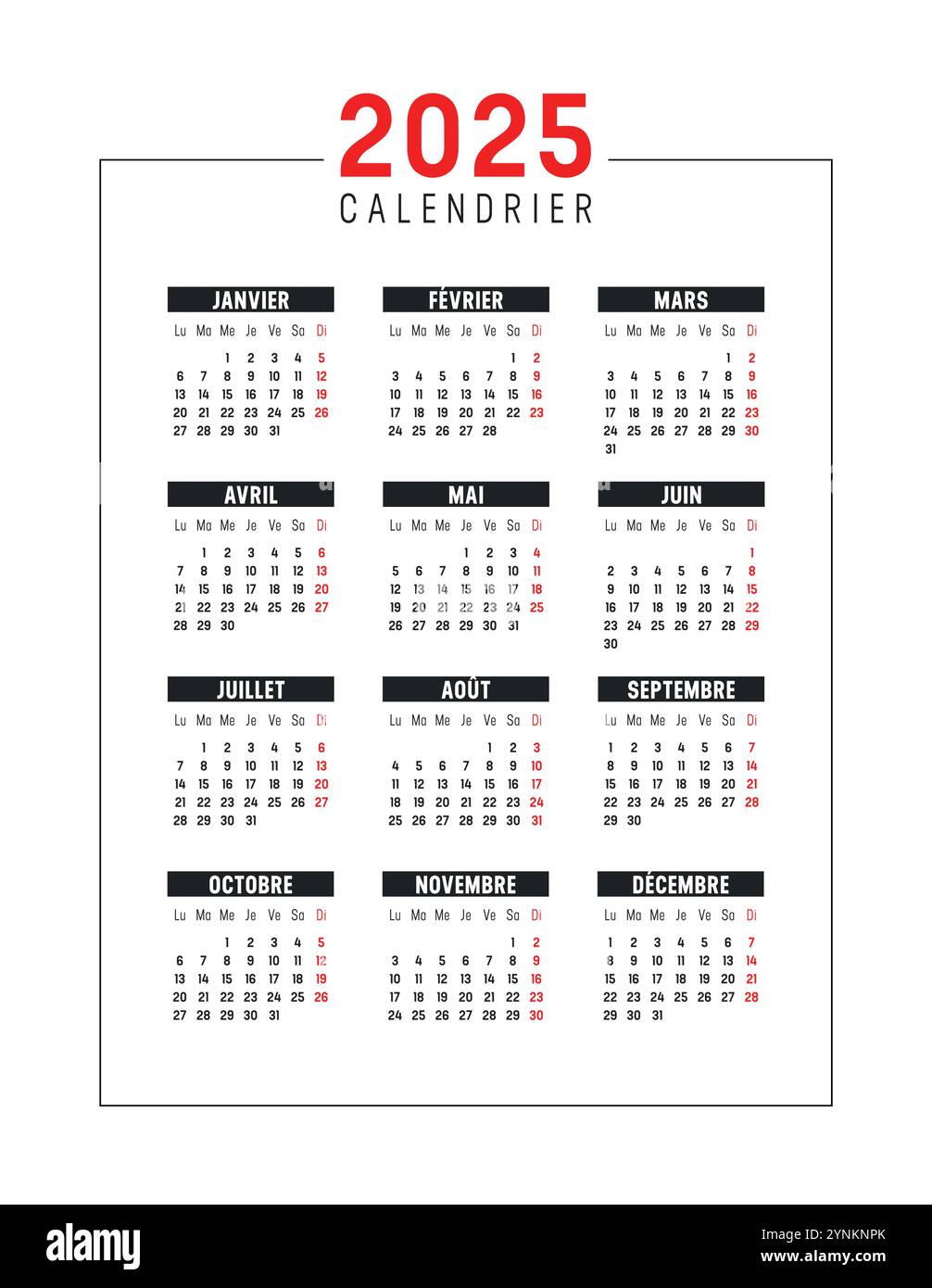 Year 2025 Red Black Calendar In French On White Background Vertical Vector Template France Year 2025 Red Black Calendar In French On White Background Vertical Vector Template France 2YNKNPK