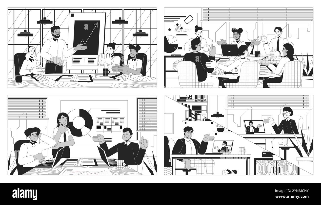 Teamwork meetings black and white line illustrations set Stock Vector