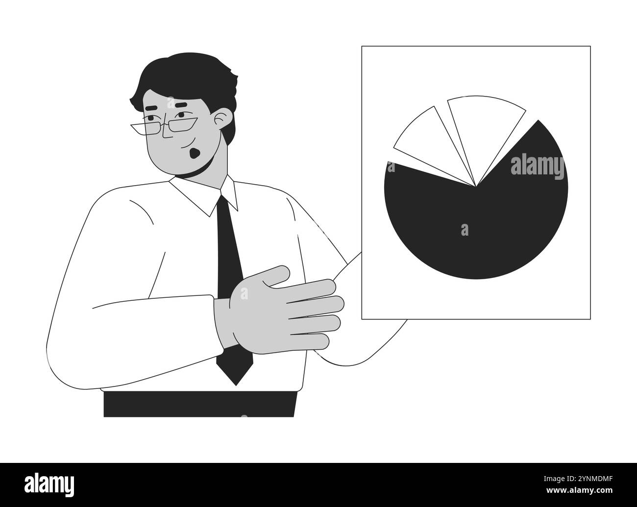 Arab businessman showing pie chart financial report black and white 2D line character Stock Vector