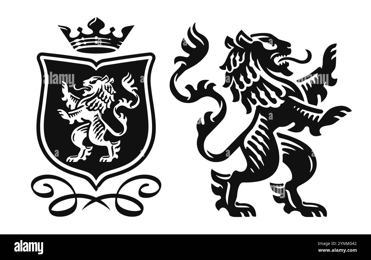 Roaring heraldic lion standing on paws. Royal coat of arms shield with animal Stock Vector