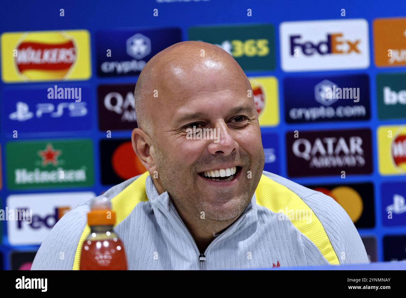 26th November 2024; Anfield and AXA Training Centre, Liverpool, Merseyside, England; Press conference and training session ahead of the UEFA Champions League match between Liverpool and Real Madrid in Liverpool, England; Liverpool coach Arne Slot speaking to the media during today's press conference at Anfield ahead of tomorrow's Champions League match vs Real Madrid. Stock Photo