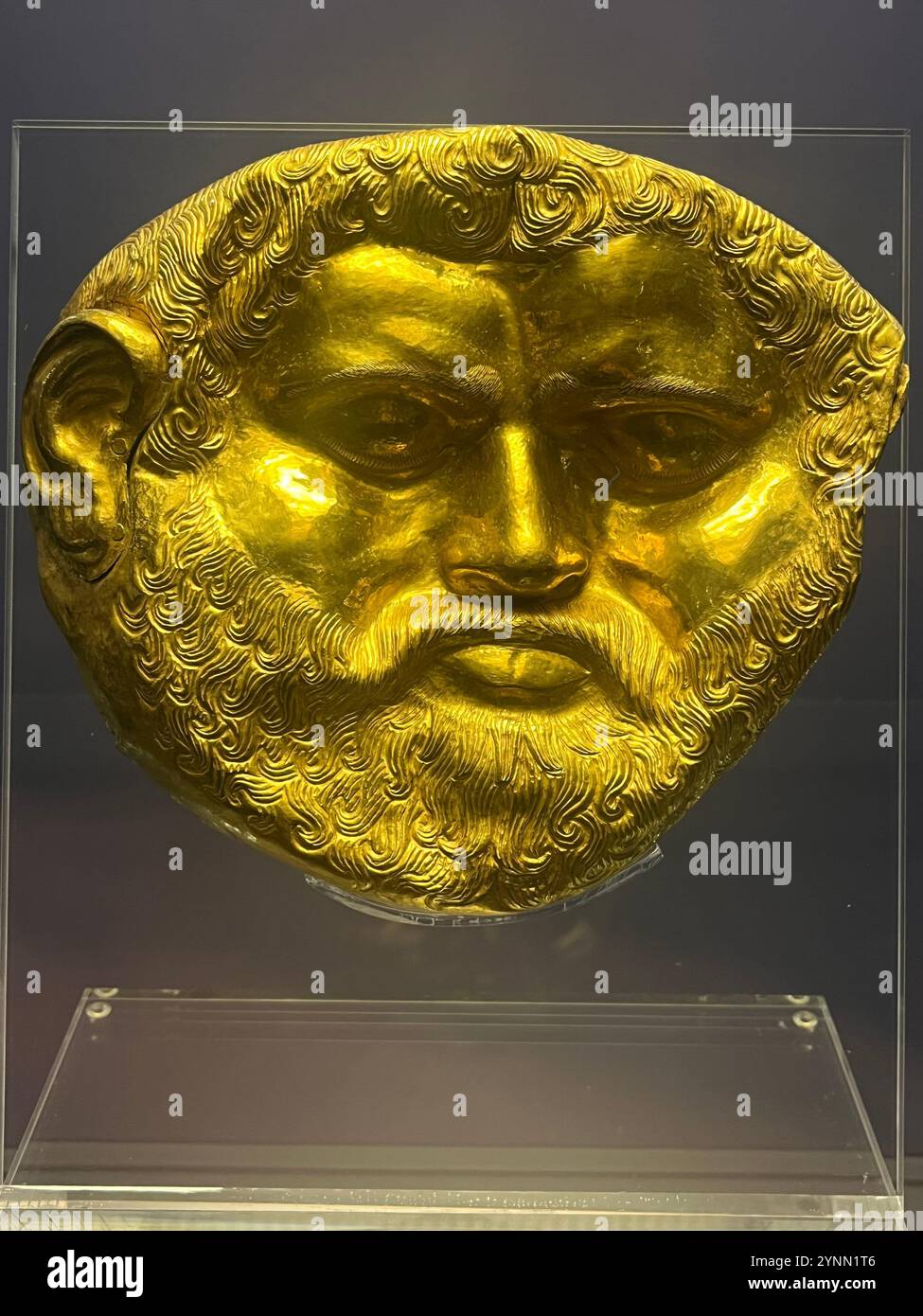 gold funeral mask, gold burial mask, mask, Thracian King, Teres, Thracian gold mask, Thrace, Svetitsa Tumulus, Archaeological museum Sofia Bulgaria - Smartphone Captured Stock Image