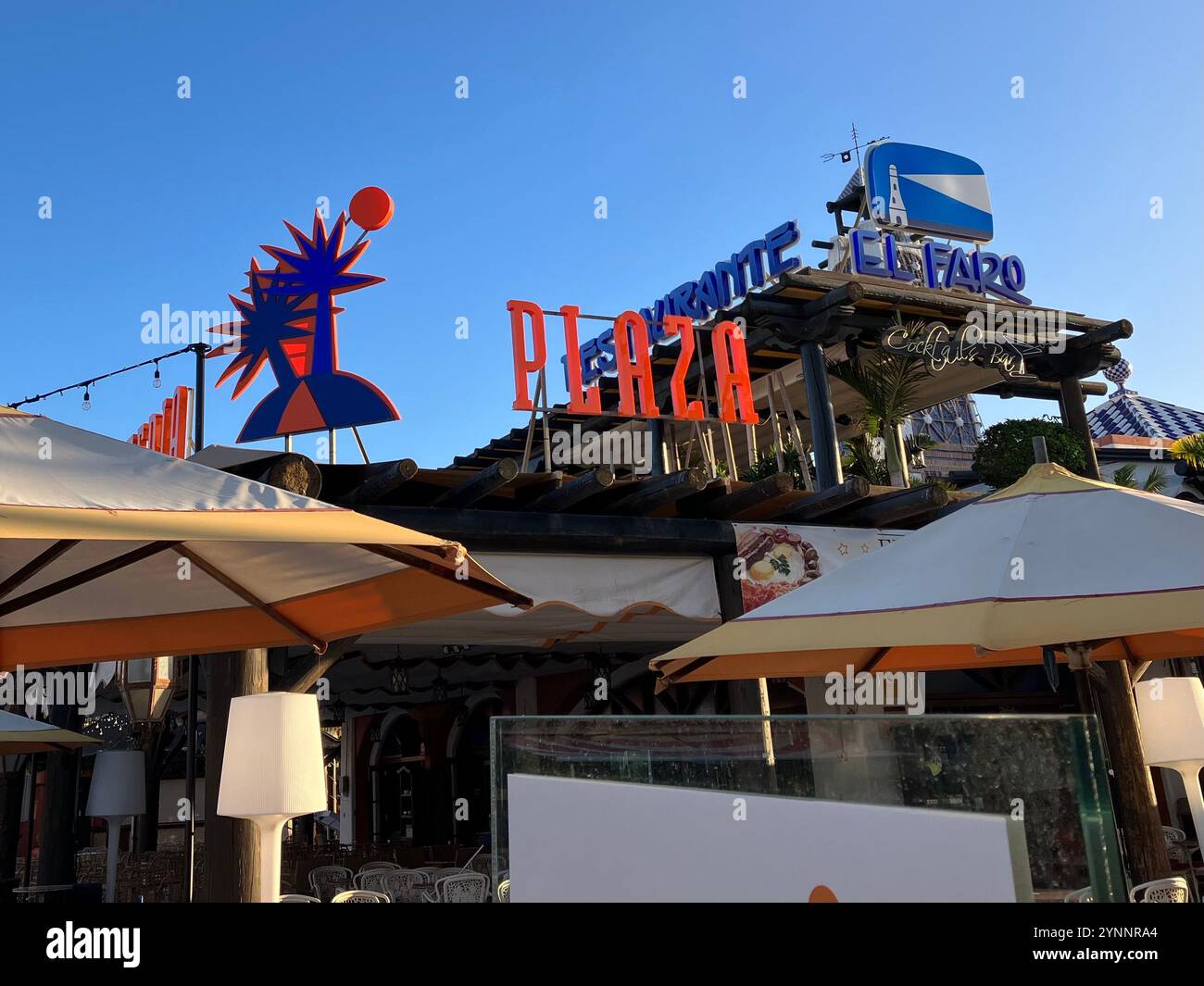 Cafeteria Plaza and El Faro Restaurante on the Golden Mile in Playa de las Américas. Arona, Tenerife, Canary Islands. 7th February 2023. - Smartphone Captured Stock Image