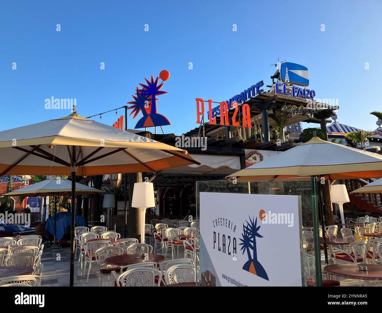 Cafeteria Plaza and El Faro Restaurante on the Golden Mile in Playa de las Américas. Arona, Tenerife, Canary Islands. 7th February 2023. - Smartphone Captured Stock Image