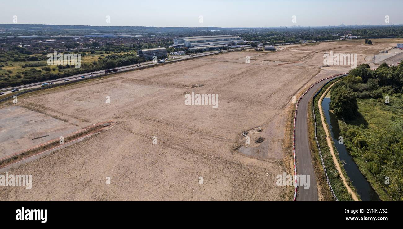 Panoramic aerial view of Sunset Waltham Cross Studios site before construction, UK (August 2024). Stock Photo