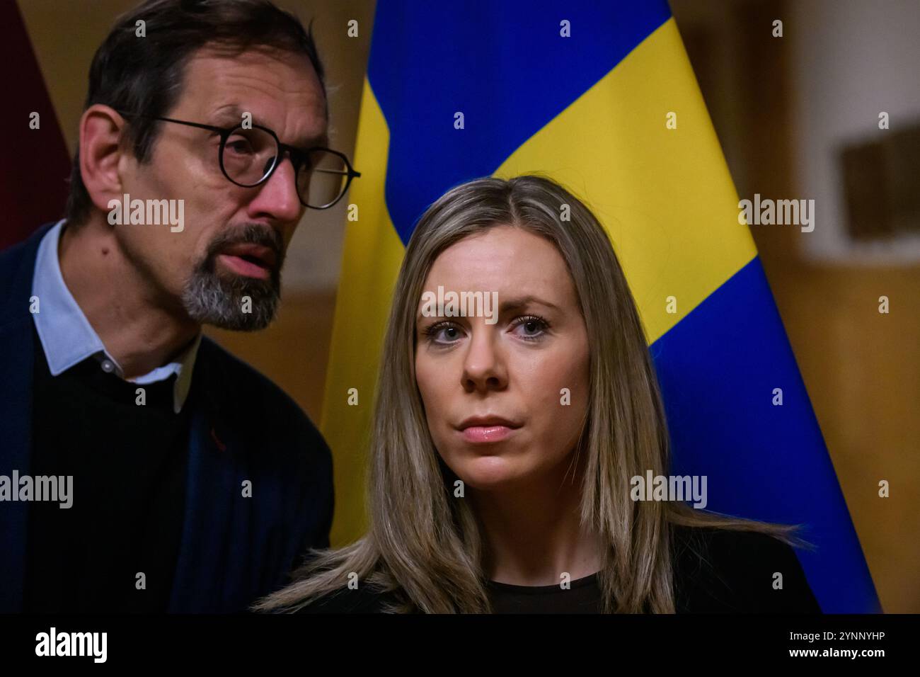 RIGA, Latvia. 26th Nov, 2024. Baiba Braze, Minister of Foreign Affairs of Latvia meets with Jessica Rosencrantz (at photo), Minister for EU Affairs of Sweden. Credit: Gints Ivuskans/Alamy Live News Stock Photo