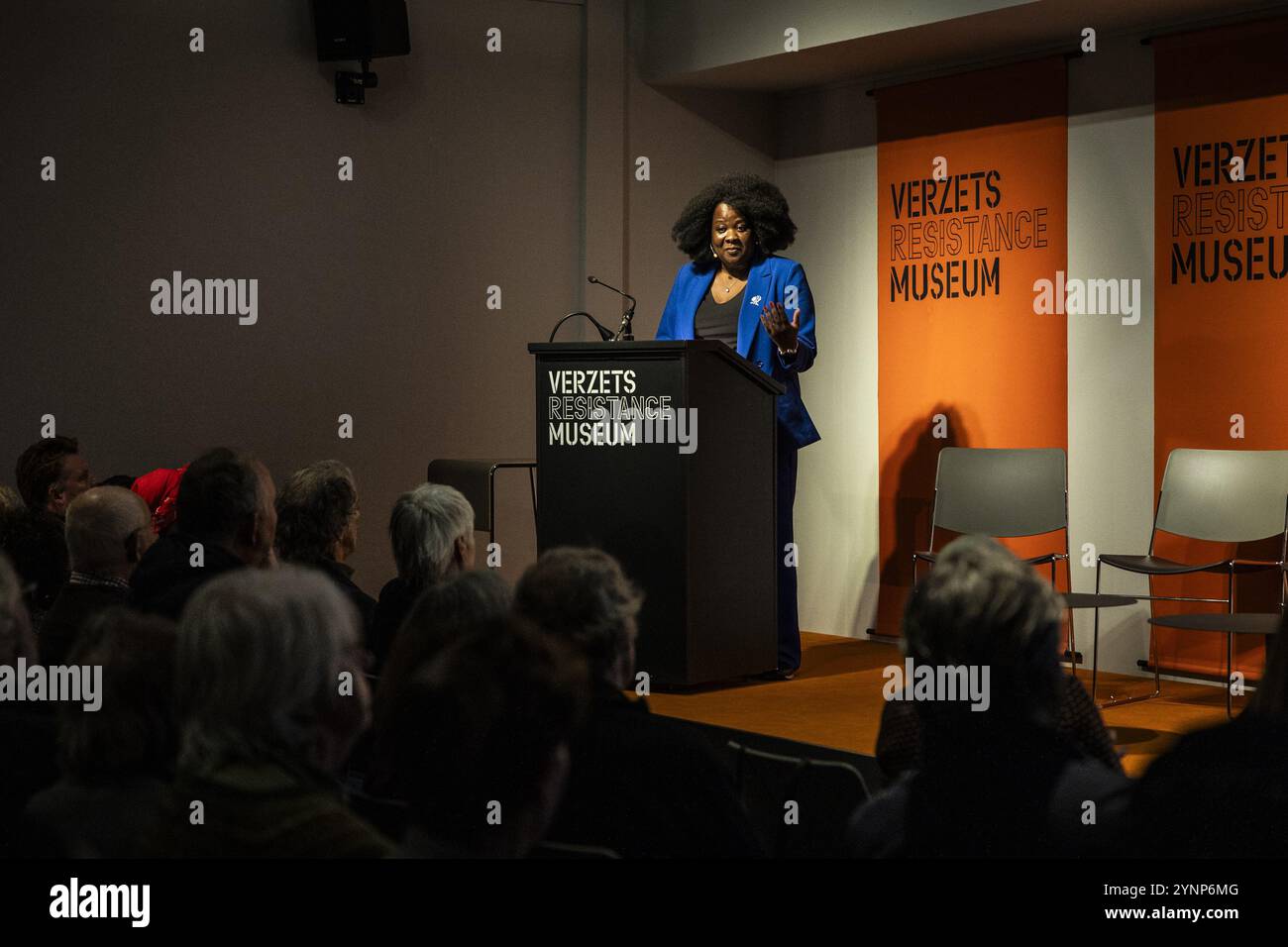 AMSTERDAM - Departing NiNsee director Linda Nooitmeer while giving the annual Anton de Kom lecture at the Resistance Museum. The lecture calls attention to the fight against intolerance and discrimination and to the history of minority groups and their position in Dutch society. ANP DINGENA MOL netherlands out - belgium out Stock Photo