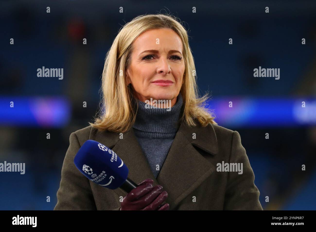 Manchester, UK. 26th Nov, 2024. Prime Sport presenter Gabby Logan during the Manchester City FC v Feyenoord UEFA Champions League Round 1 league stage match at the Etihad Stadium, Manchester, England, United Kingdom on 26 November 2024 Credit: Every Second Media/Alamy Live News Stock Photo