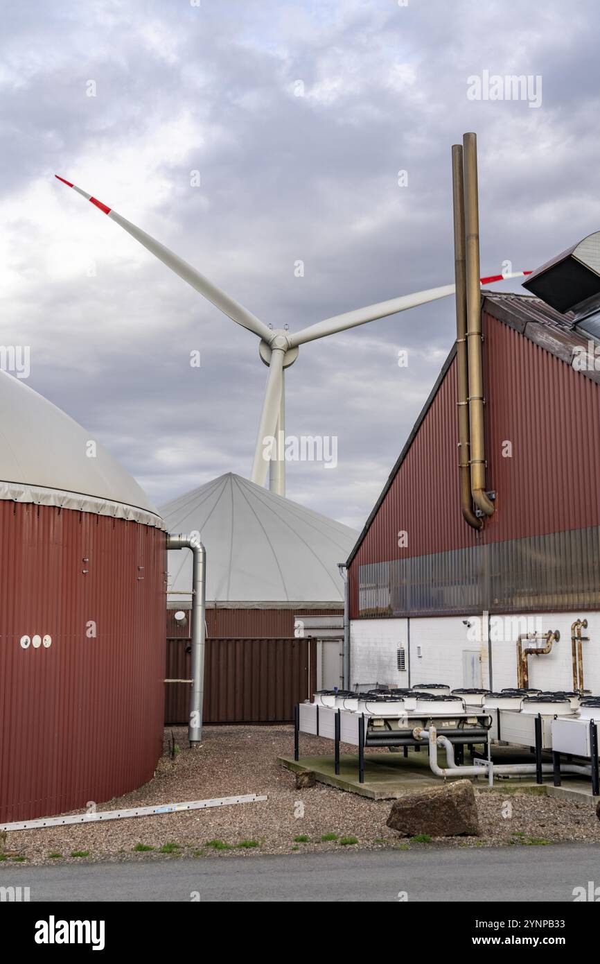 Biogas plant produces gas from various biomass, electricity is generated in combined heat and power plants with the biogas produced and sold to compan Stock Photo