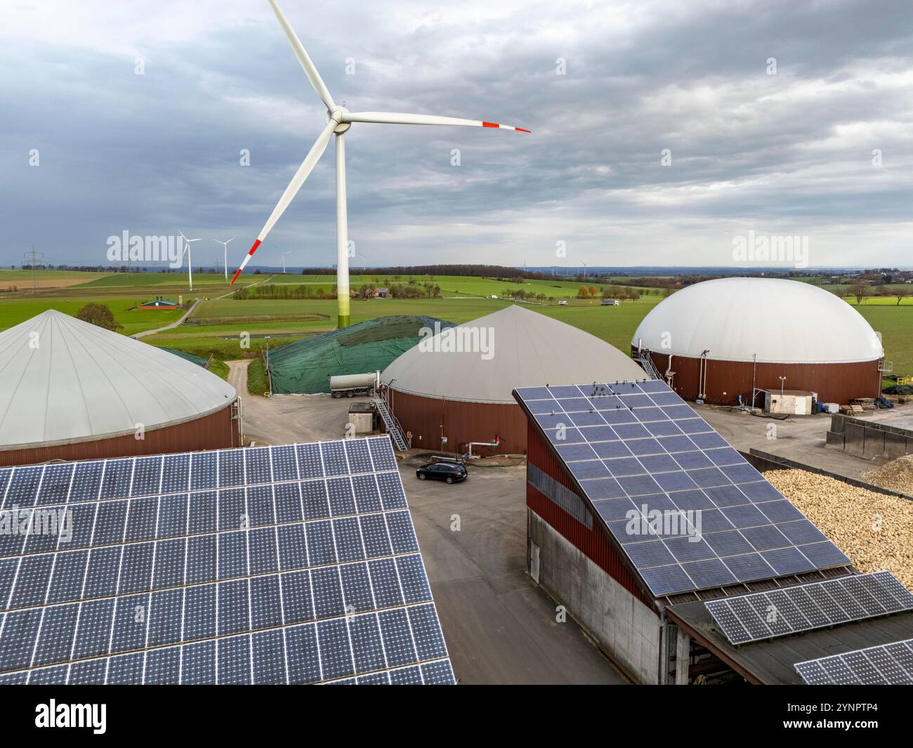 Biogas plant produces gas from biomass, electricity is generated in combined heat and power plants with the biogas produced and sold to companies in t Stock Photo