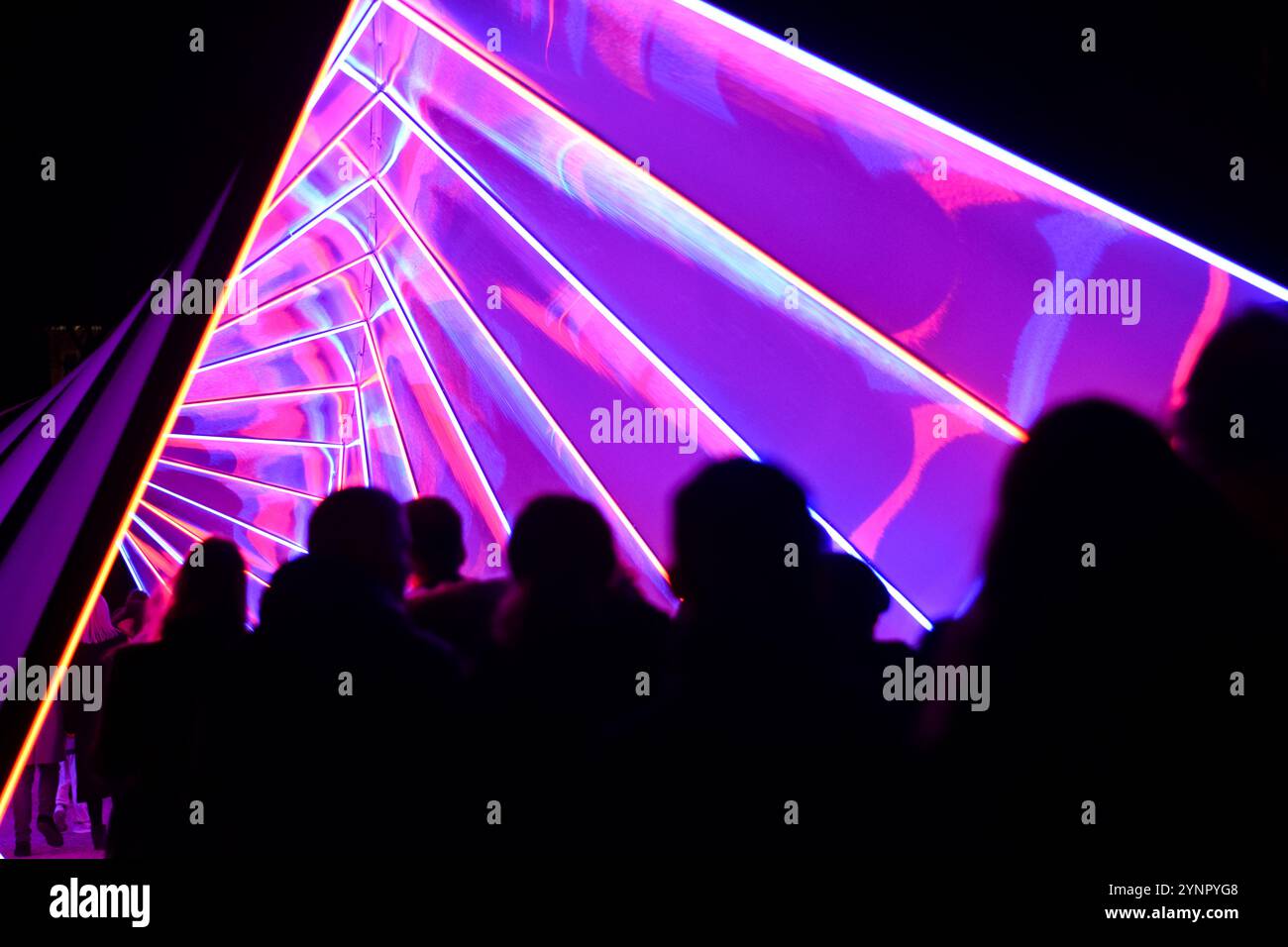 Tunnel of colors and neon lights at Zagreb Festival of Lights Stock Photo