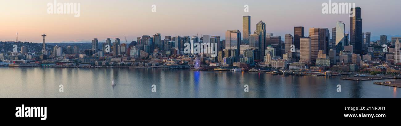 Aerial Downtown Seattle Waterfront and Space Needle Stock Photo