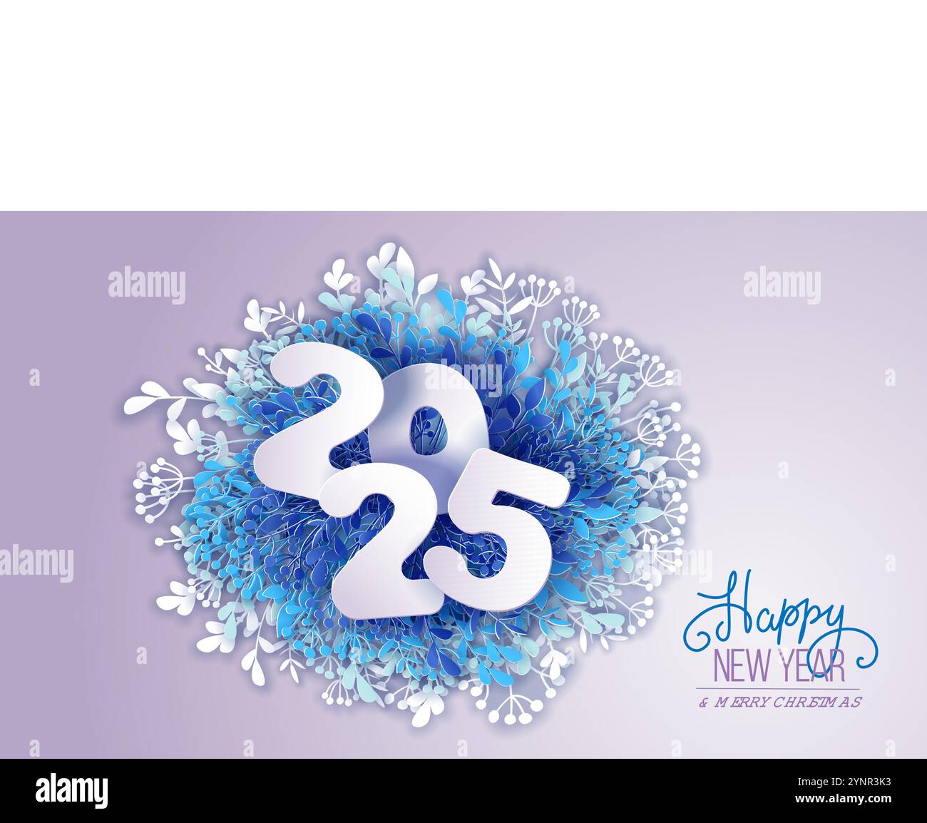 New year 2025 card. Numbers 2025 around winter plants blue color. Paper