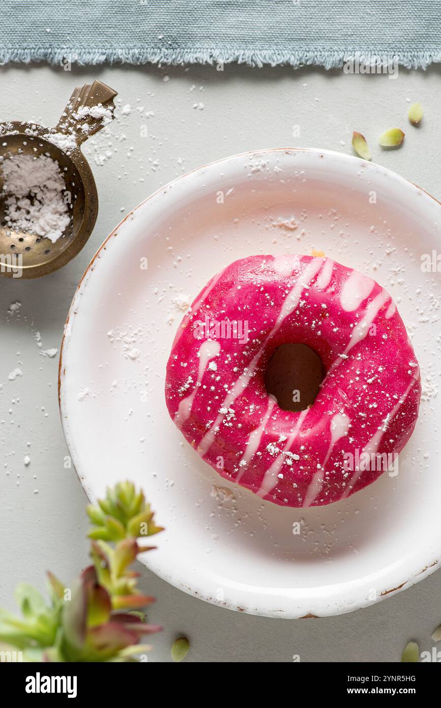 Pink donuts strawberry flavour. Top view. Stock Photo