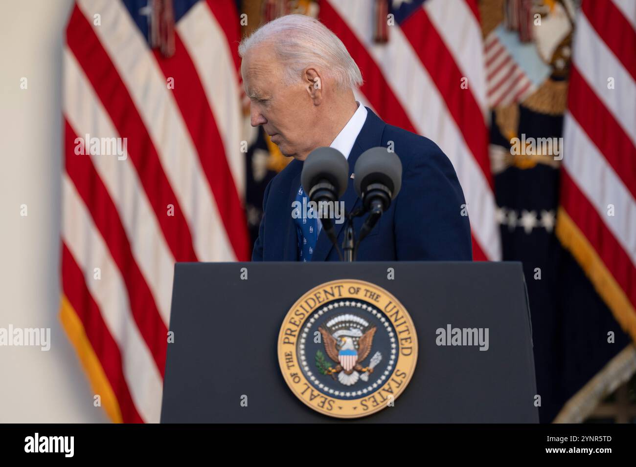 Washington, United States Of America. 26th Nov, 2024. United States President Joe Biden departs after making a statement after the Israeli approval of a ceasefire in Lebanon, at the White House in Washington, DC, November 26, 2024. Credit: Chris Kleponis/Pool/Sipa USA Credit: Sipa USA/Alamy Live News Stock Photo