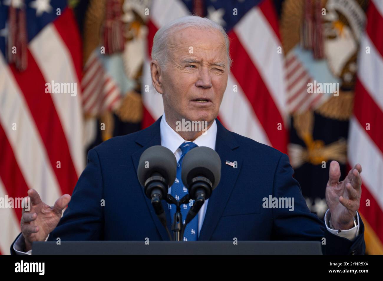 Washington, United States Of America. 26th Nov, 2024. United States President Joe Biden makes a statement after the Israeli approval of a ceasefire in Lebanon, at the White House in Washington, DC, November 26, 2024. Credit: Chris Kleponis/Pool/Sipa USA Credit: Sipa USA/Alamy Live News Stock Photo