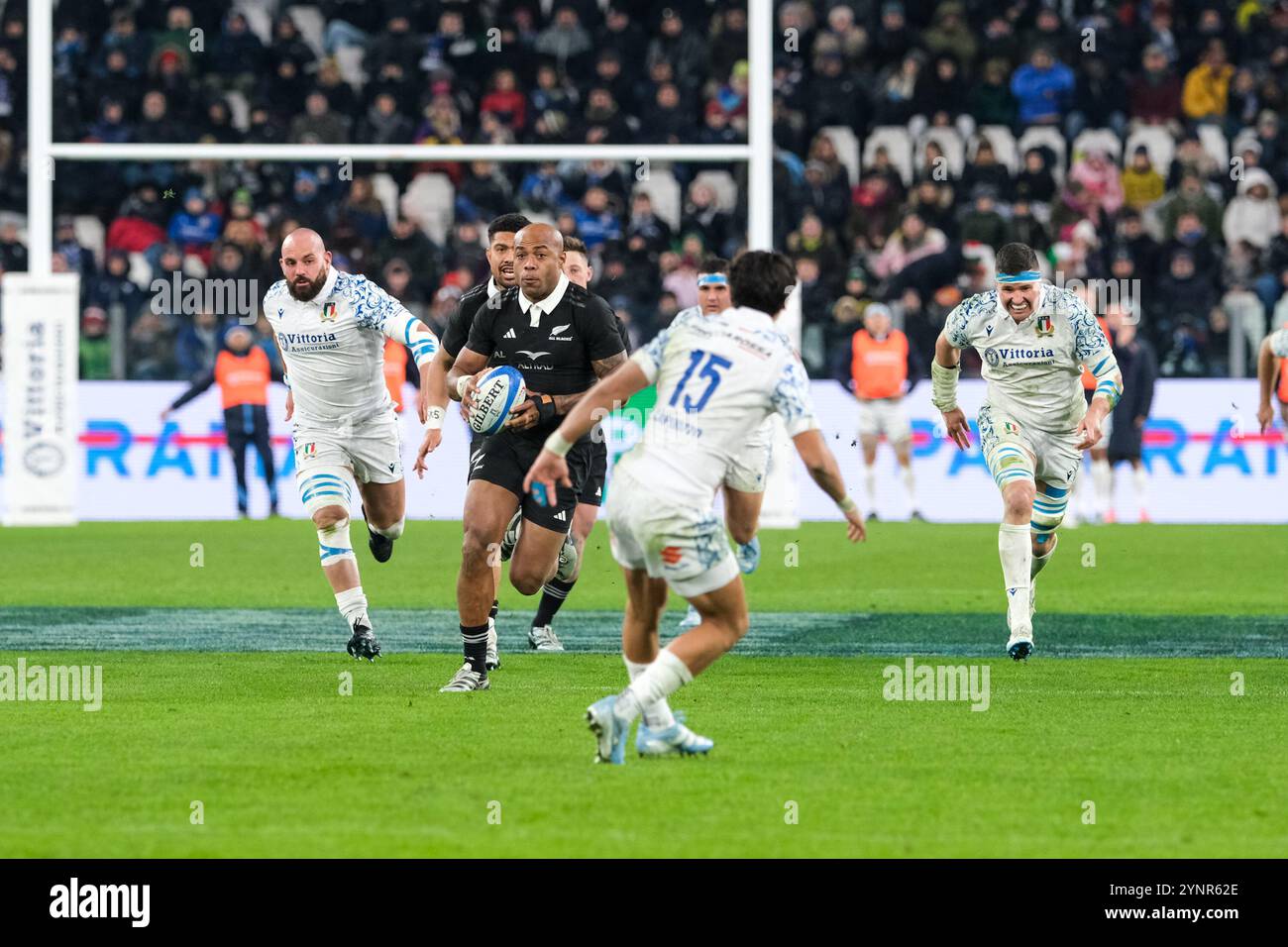 Mark Tele'a of New Zealand seen in action during the Autumn Nations Series Test Match between New Zealand and Italy at Allianz Stadium. Final scores: Italy 11-29 New Zealand. Stock Photo