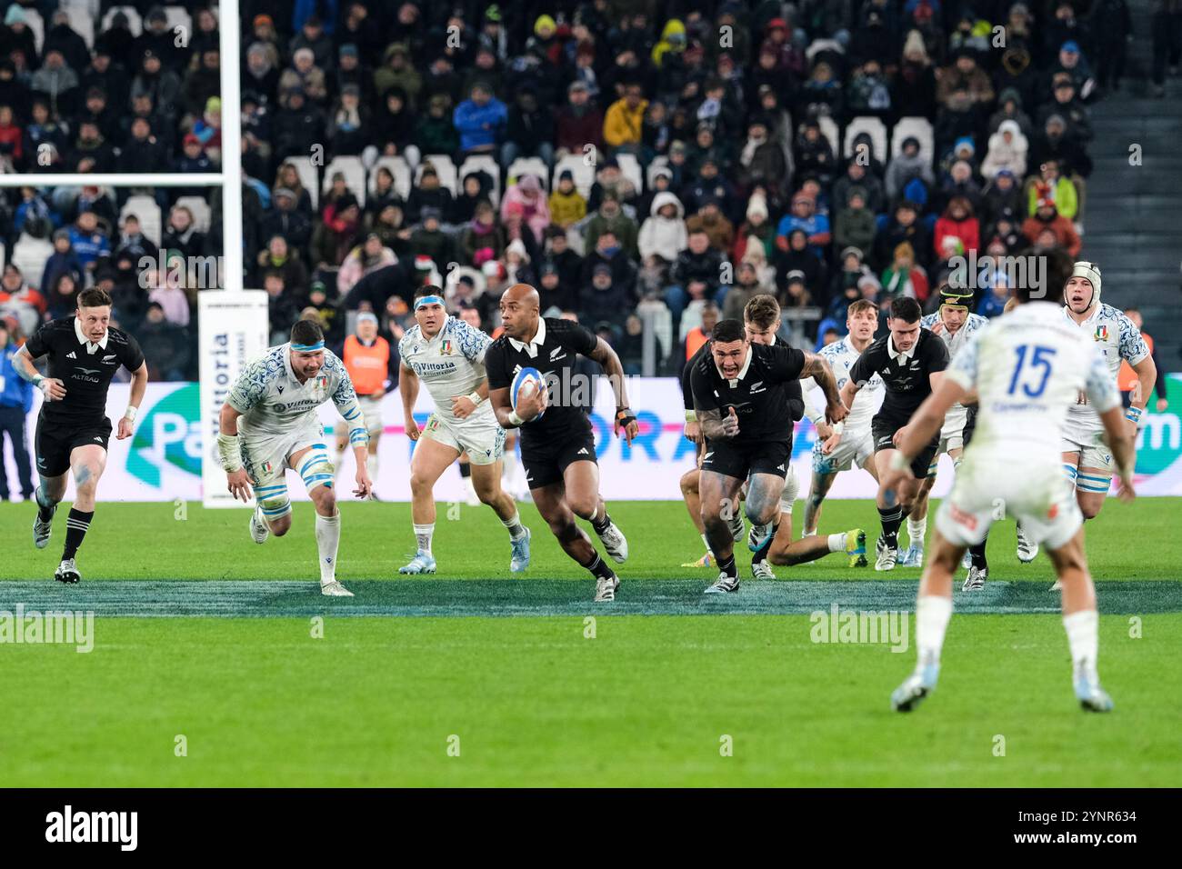 Mark Tele'a of New Zealand seen in action during the Autumn Nations Series Test Match between New Zealand and Italy at Allianz Stadium. Final scores: Italy 11-29 New Zealand. Stock Photo