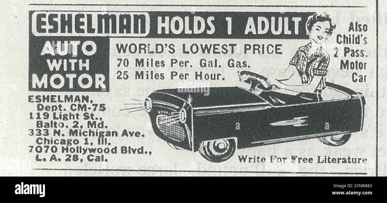1954 Eshelman car ad - "Holds one adult" Stock Photo