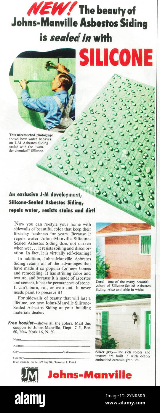 1954 Johns-Manville Silicone Ad - Silicone-Sealed Asbestos Siding Stock Photo
