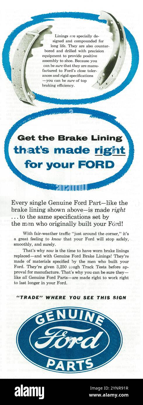 1954 Genuine Ford Parts ad - Get the brake lining Stock Photo
