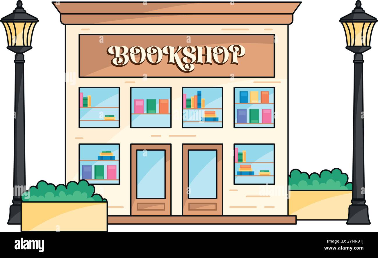 Charming bookshop facade with street lamps, Vector Stock Vector Image ...
