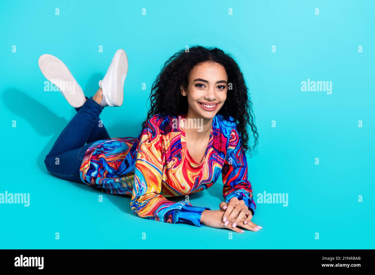 Pretty Lay Full size photo of pretty young girl lay floor empty space ad isolated ...