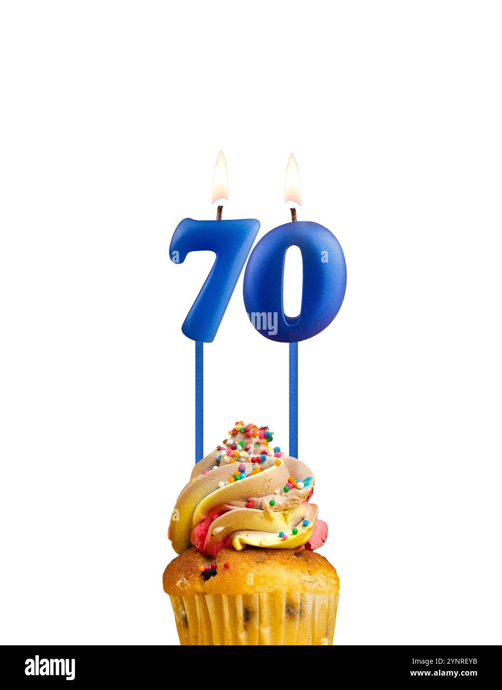 Candle in shape of the number 70 - Blue birthday on a white background ...
