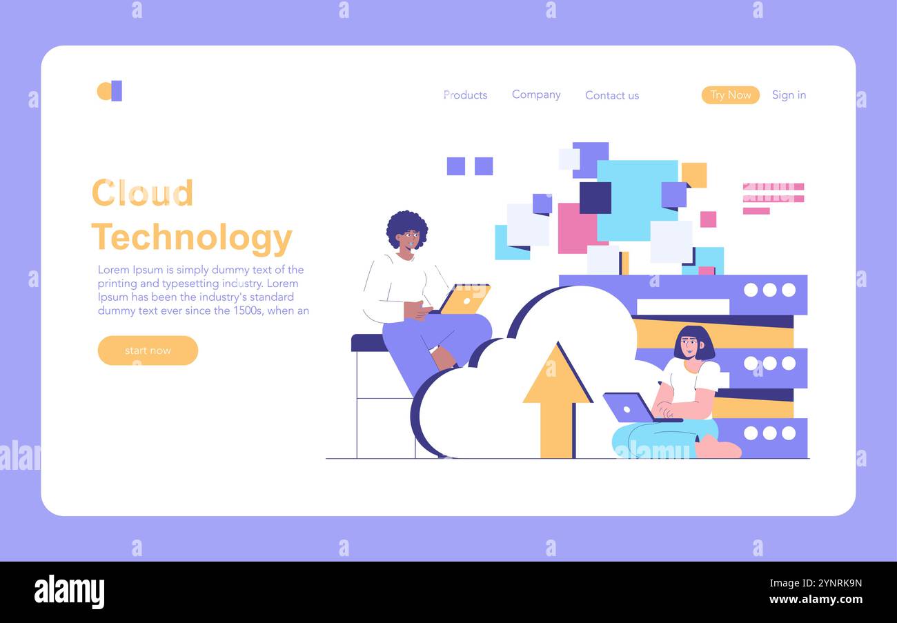 Cloud Technology concept. Two professionals working on laptops with abstract data and cloud graphics. Remote collaboration through modern digital solutions. Vector illustration. Stock Vector
