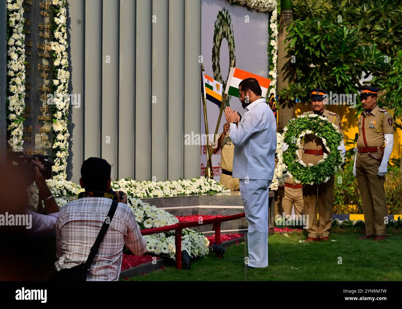 MUMBAI, INDIA - NOVEMBER 26: CM Eknath Shinde pay homage to the Martyrs ...