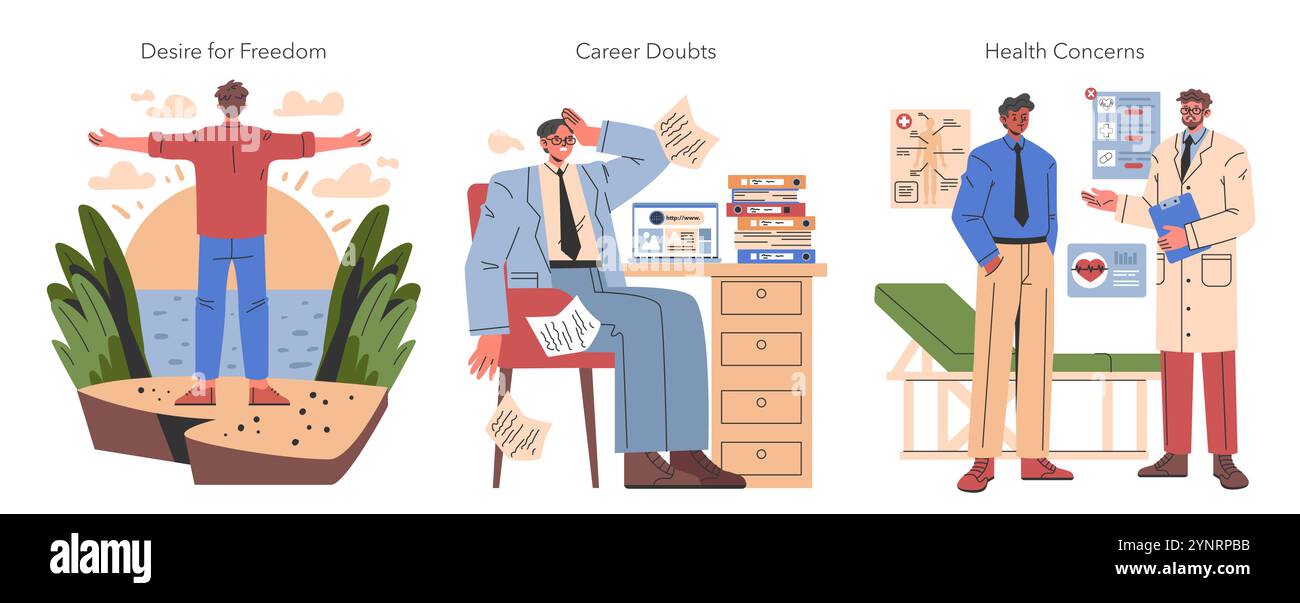 Men Midlife Crisis set. Illustrating life transitions with longing for ...