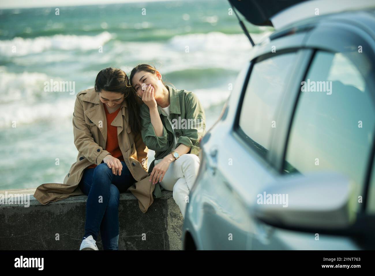 Two happy women in their 20s talking by the sea Stock Photo - Alamy