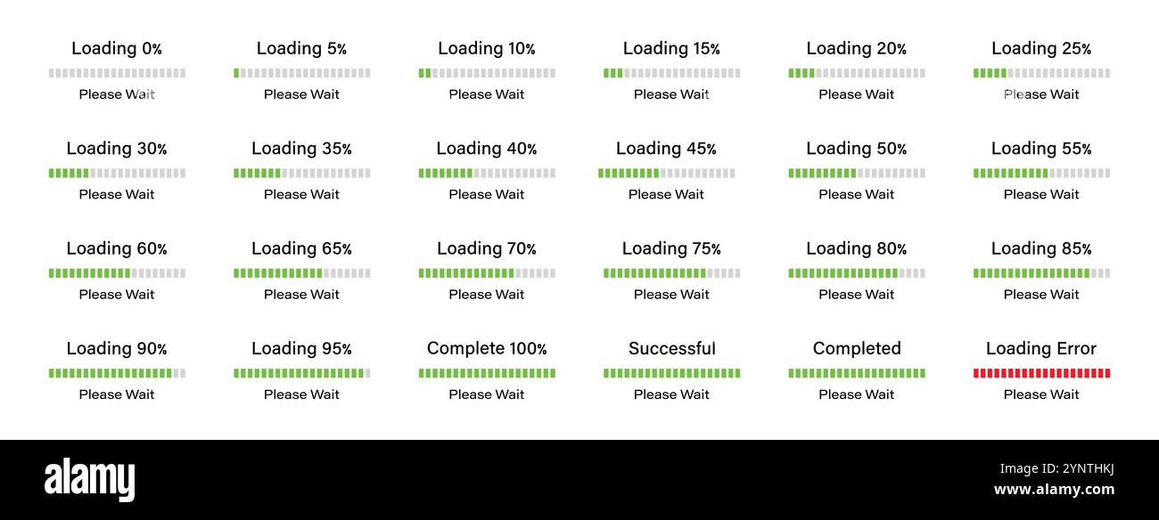 Percentage loading bar infographics set progressing from 0-100 percent ...