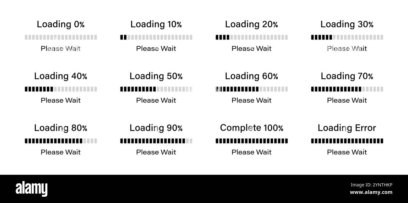 Percentage loading bar infographics set progressing from 0 to 100 ...