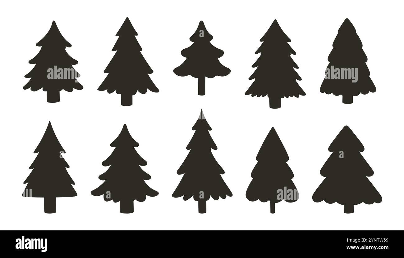 Simple Christmas tree silhouette set on white background. Black and ...