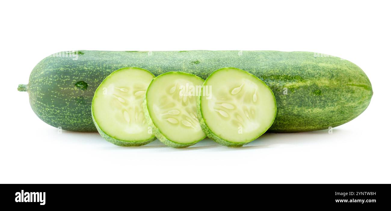 Side view of fresh green cucumber with slices in circle shape in stack is isolated on white background with clipping path. Stock Photo
