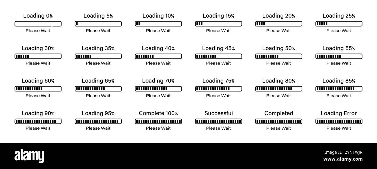 Percentage loading rectangular bar infographics set progressing from 0 ...