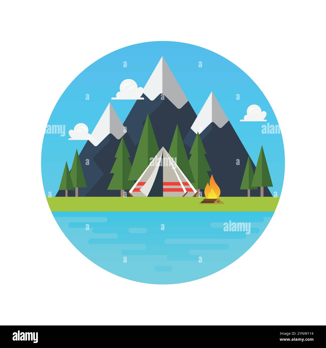 Camping tent with landscape logo. Vector illustration Stock Vector