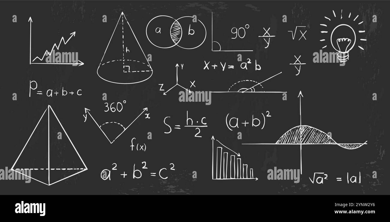 Math geometry graph and shapes on blackboard background. Set science ...