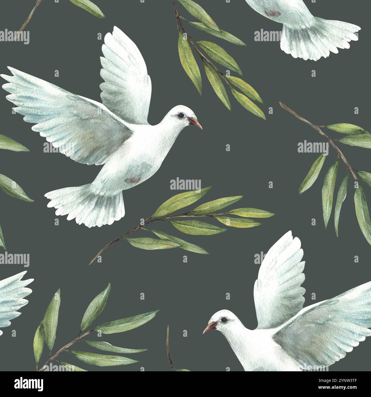 Pigeon and green olive branches seamless pattern. White flying dove bird, symbol of peace. Watercolor Hand drawn illustration for Christian religion Stock Photo