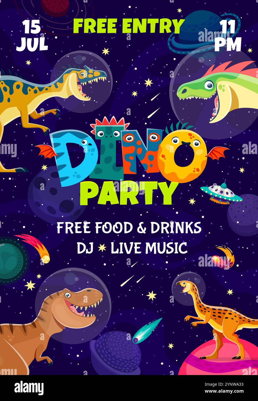 Dino party flyer with dinosaur astronauts characters on alien space ...