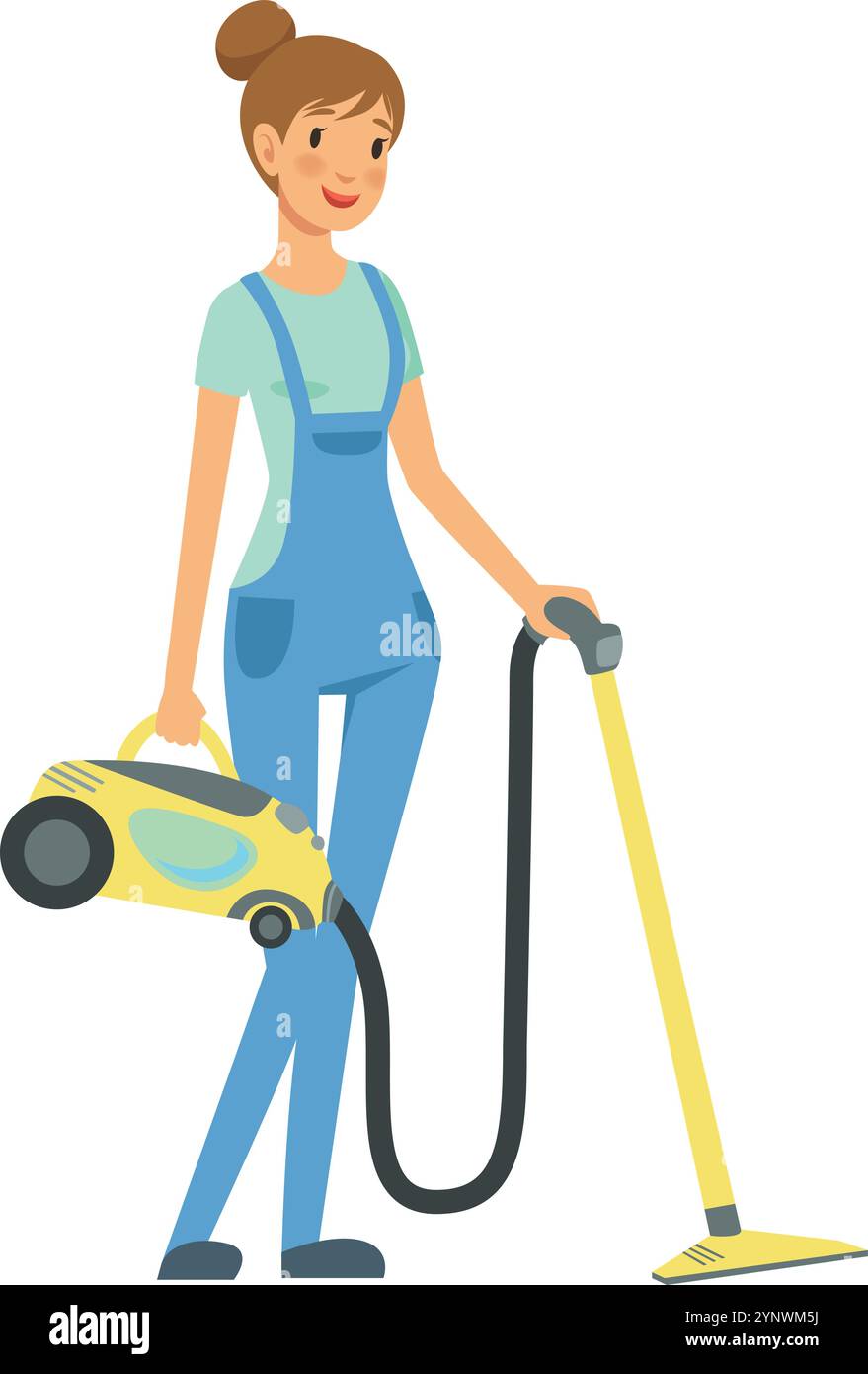 A woman in blue overalls is holding a yellow vacuum cleaner. She is ...