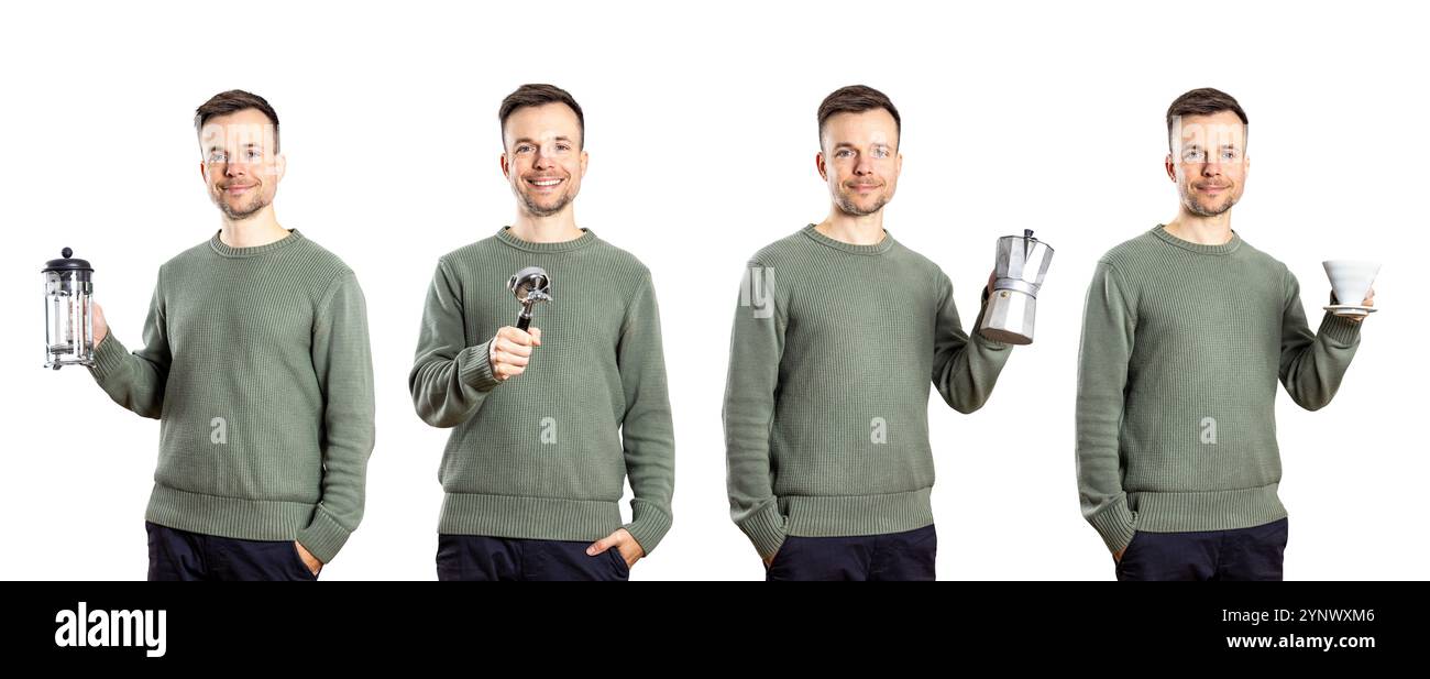 Same person with different coffee brewing equipment isolated from background Stock Photo