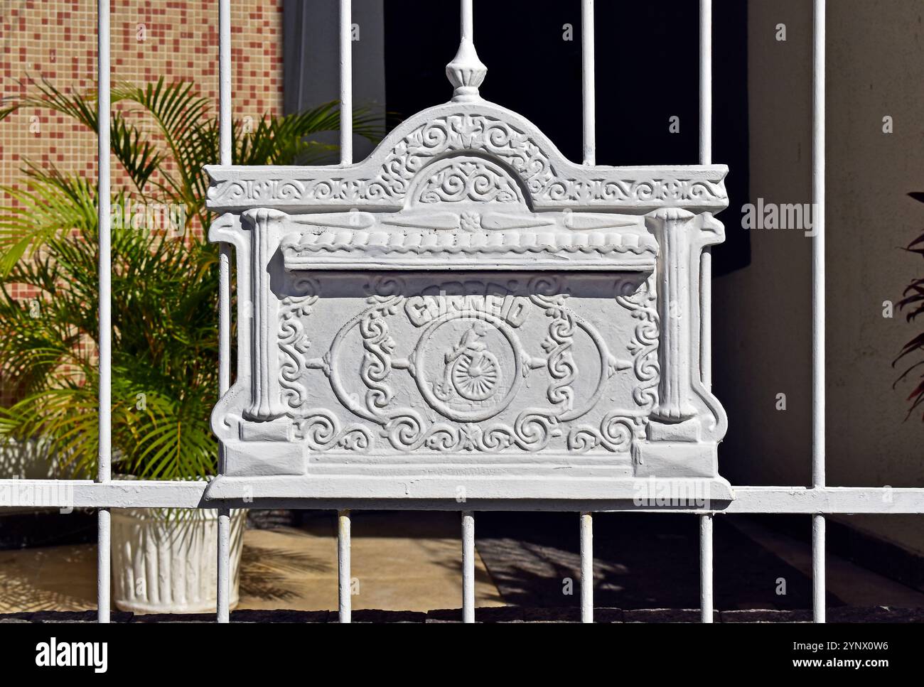White mail box on wall in Tijuca neighborhood, Rio de janeiro, Brazil Stock Photo