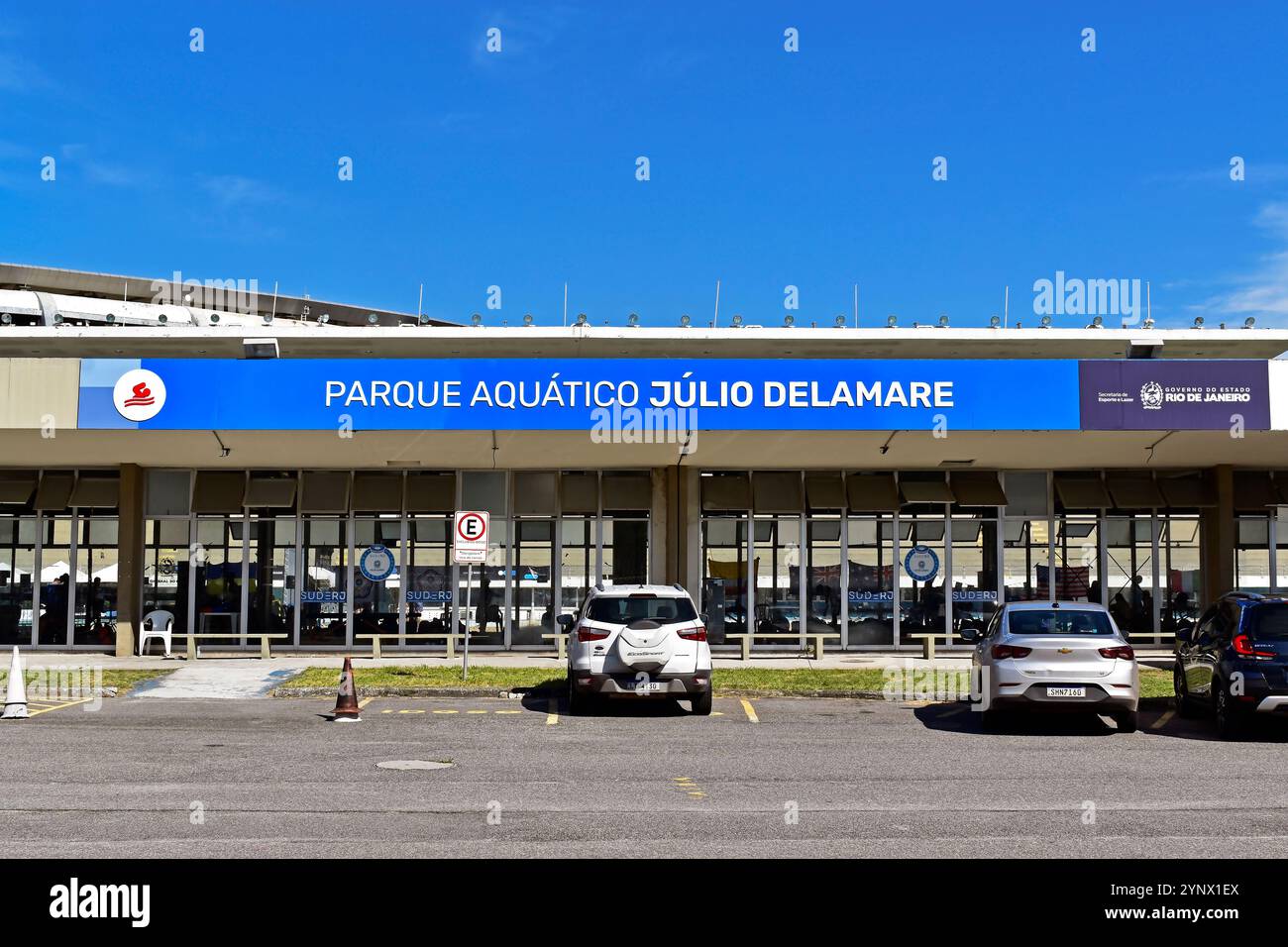 RIO DE JANEIRO, BRAZIL - November 26, 2024: Facade of the Júlio Delamare Aquatics Centre Stock Photo